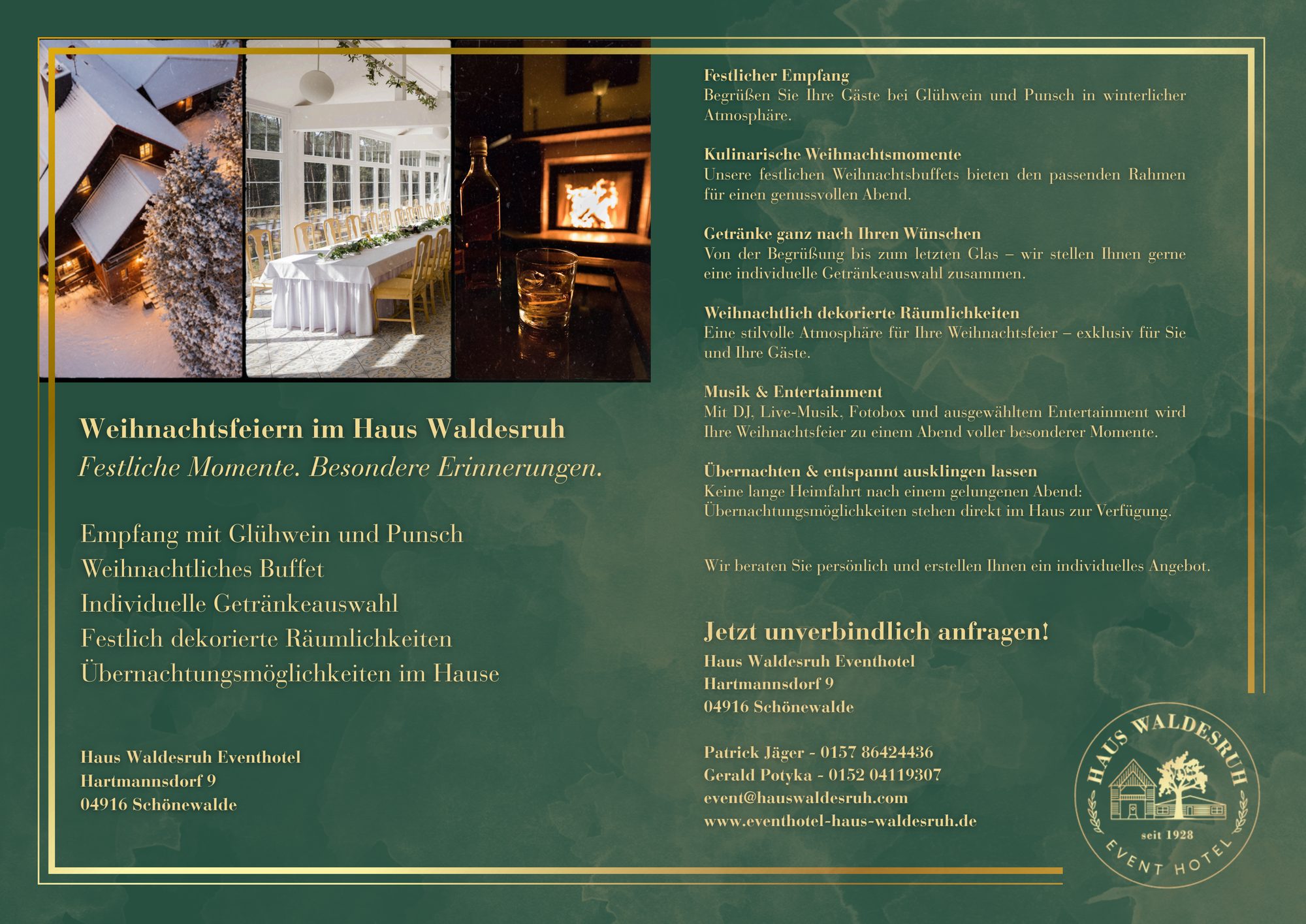 Weihnachtsfeiern im Haus Waldesruh – festliche Momente, besondere Erinnerungen. Empfang mit Glühwein und Punsch, weihnachtliches Buffet, individuelle Getränkeauswahl, festlich dekorierte Räumlichkeiten, Übernachtungsmöglichkeiten im Haus. Jetzt unverbindlich anfragen: event@hauswaldesruh.com